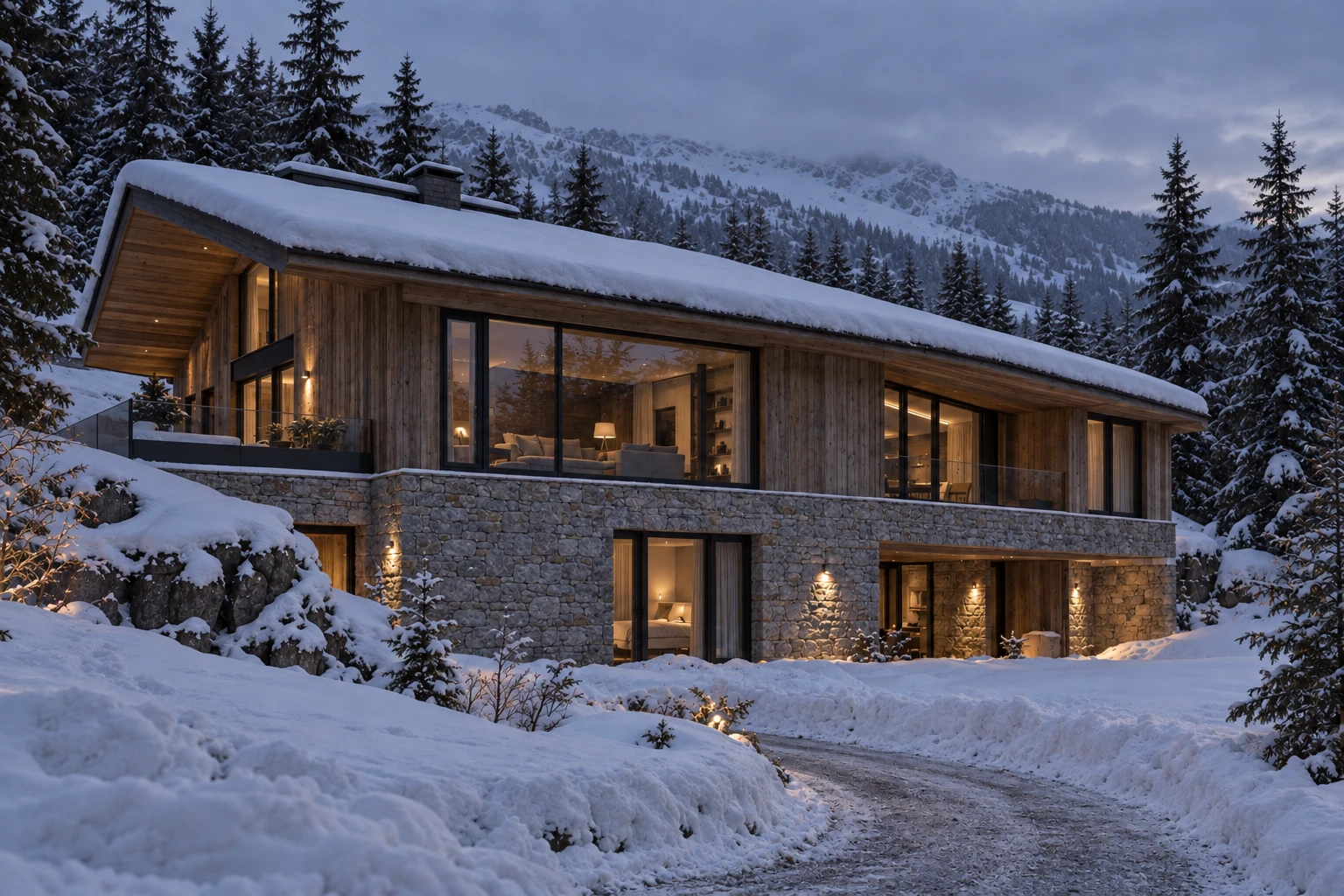Timber and stone alpine residence in snow at dusk