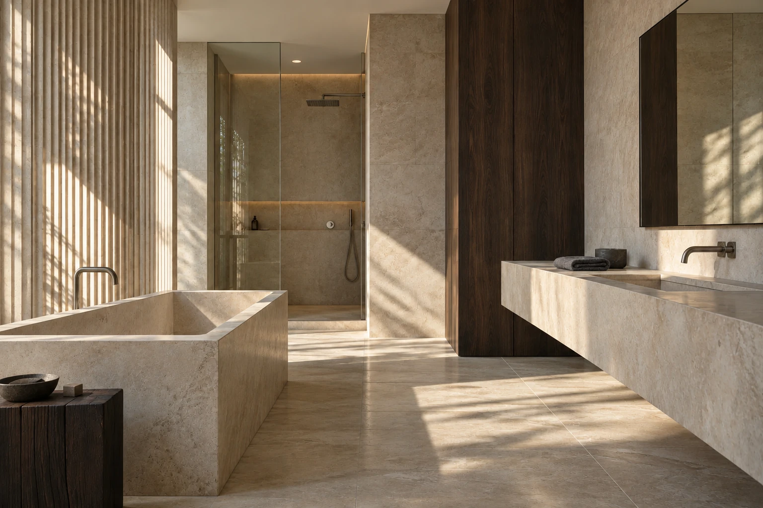 Warm stone bathroom with a sculptural bath, timber wall and sunlight across the floor