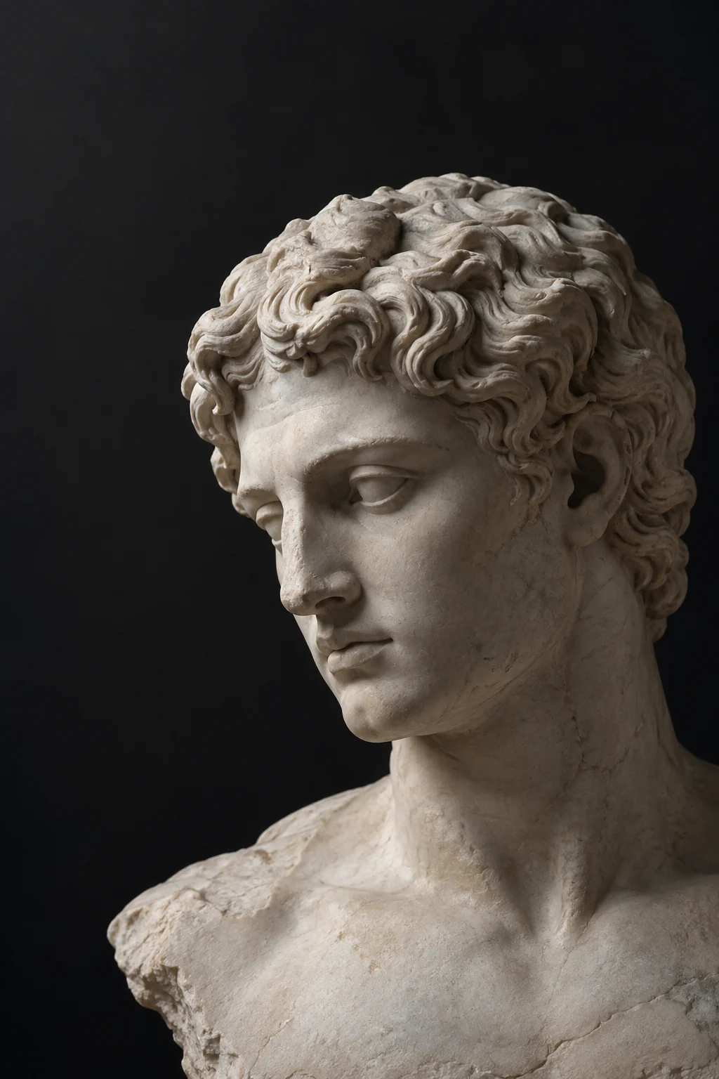 Classical marble head with carved curls, facing the studio's expertise