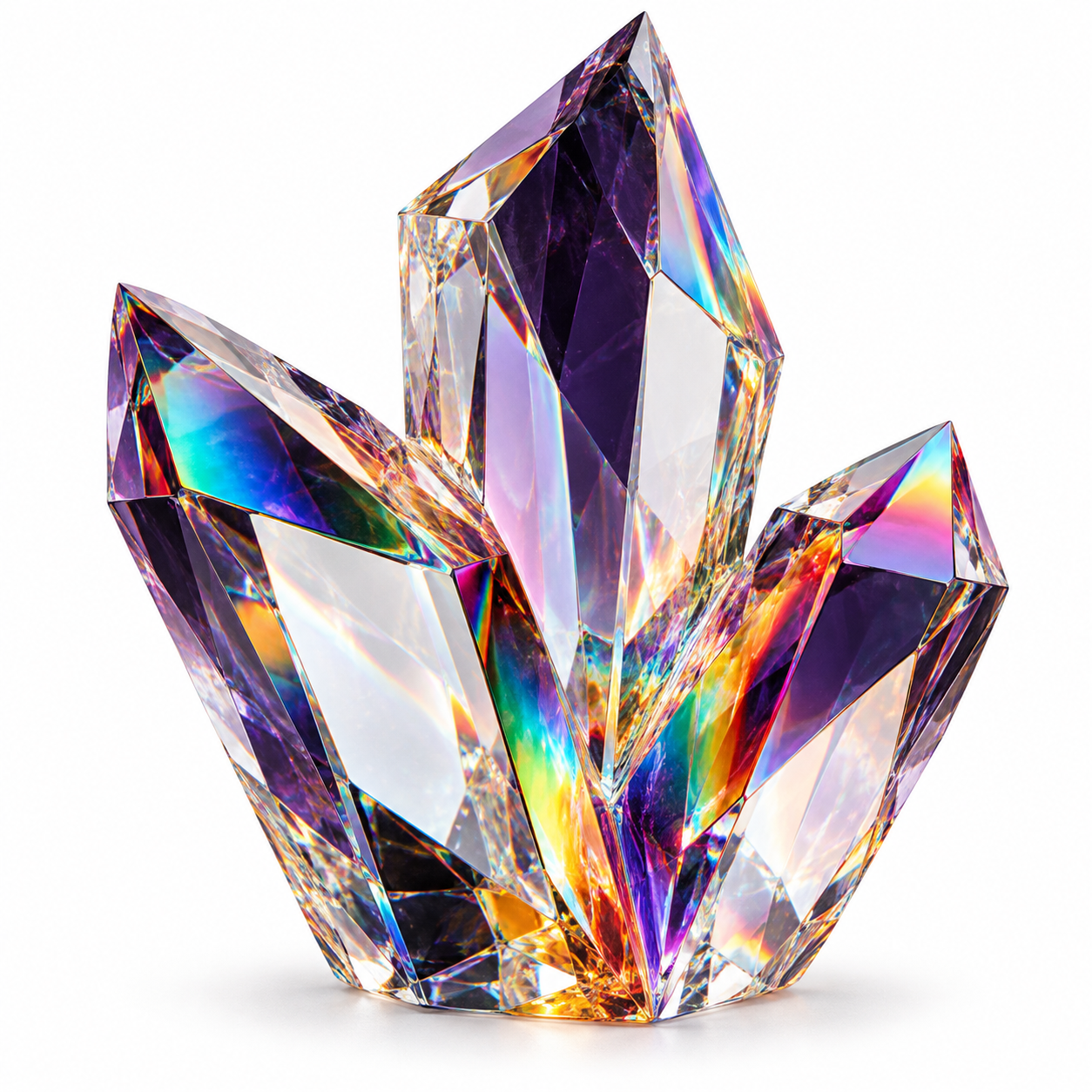 Three tall crystal points with iridescent rainbow facets on white