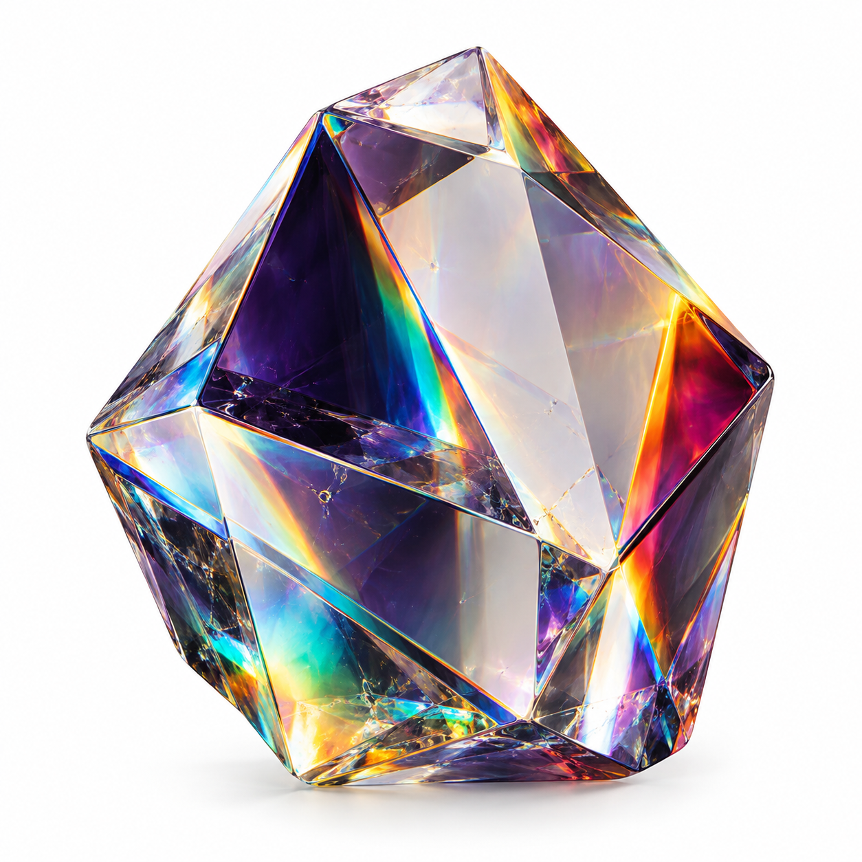 Faceted crystal with rainbow reflections on white