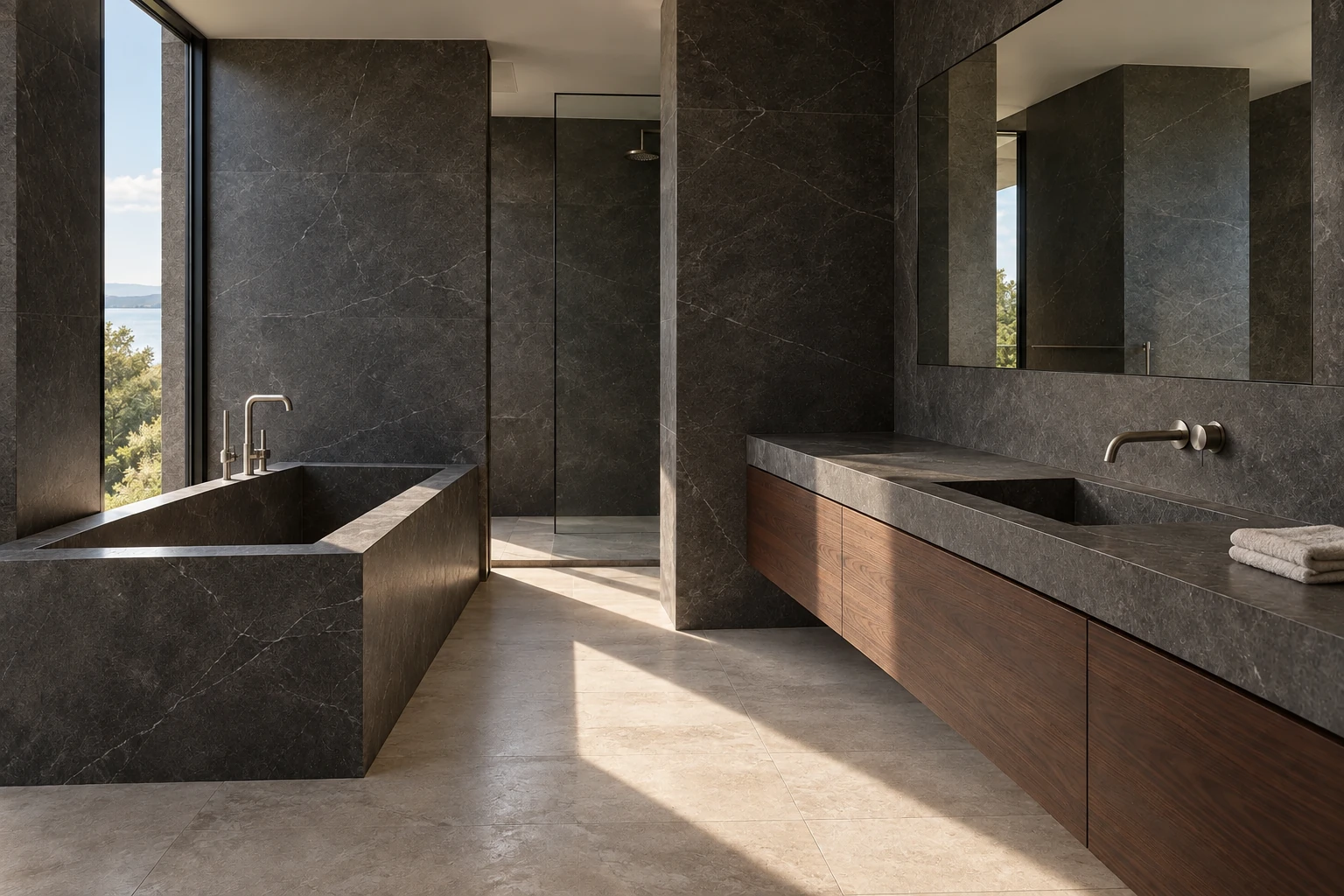 Dark stone bathroom with carefully detailed timber cabinetry