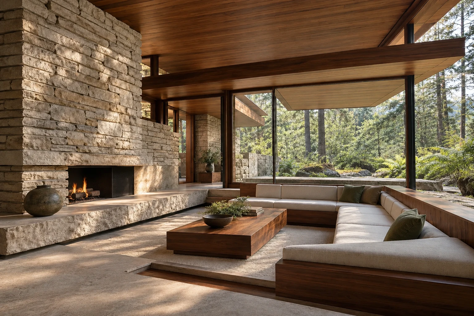 Warm timber interior and a carefully built stone hearth