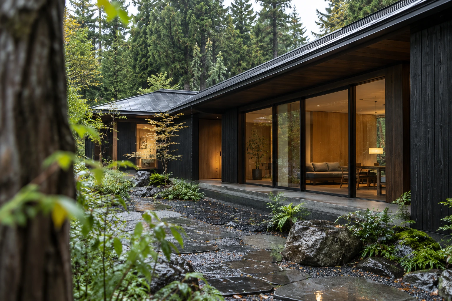 Rain-darkened cedar house opening onto a stone garden