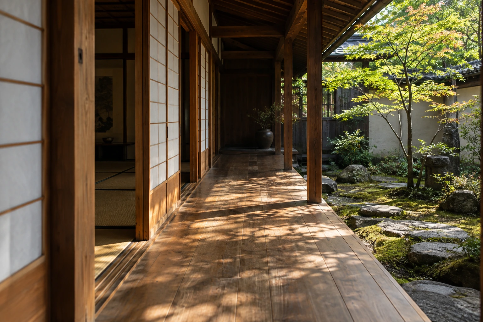 Morning light across a Japanese engawa, timber posts and shoji screens beside a quiet garden