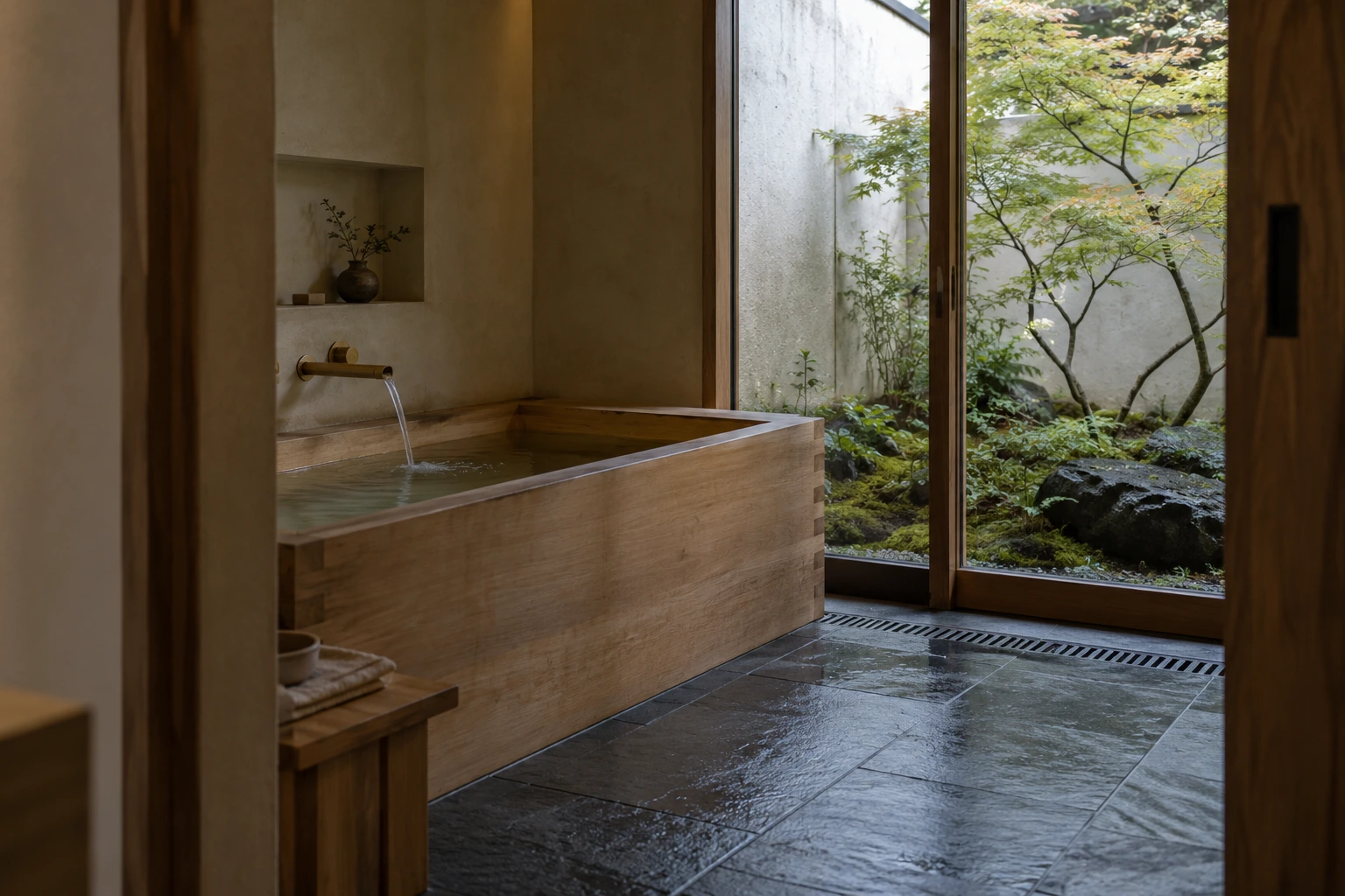 Hinoki soaking bath opening onto a small moss and stone courtyard