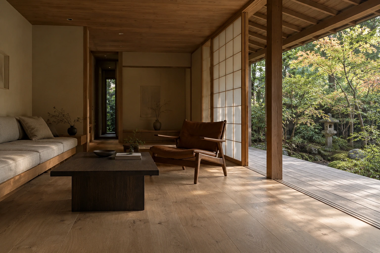 Japanese lounge with timber joinery, shoji screens and an open garden veranda