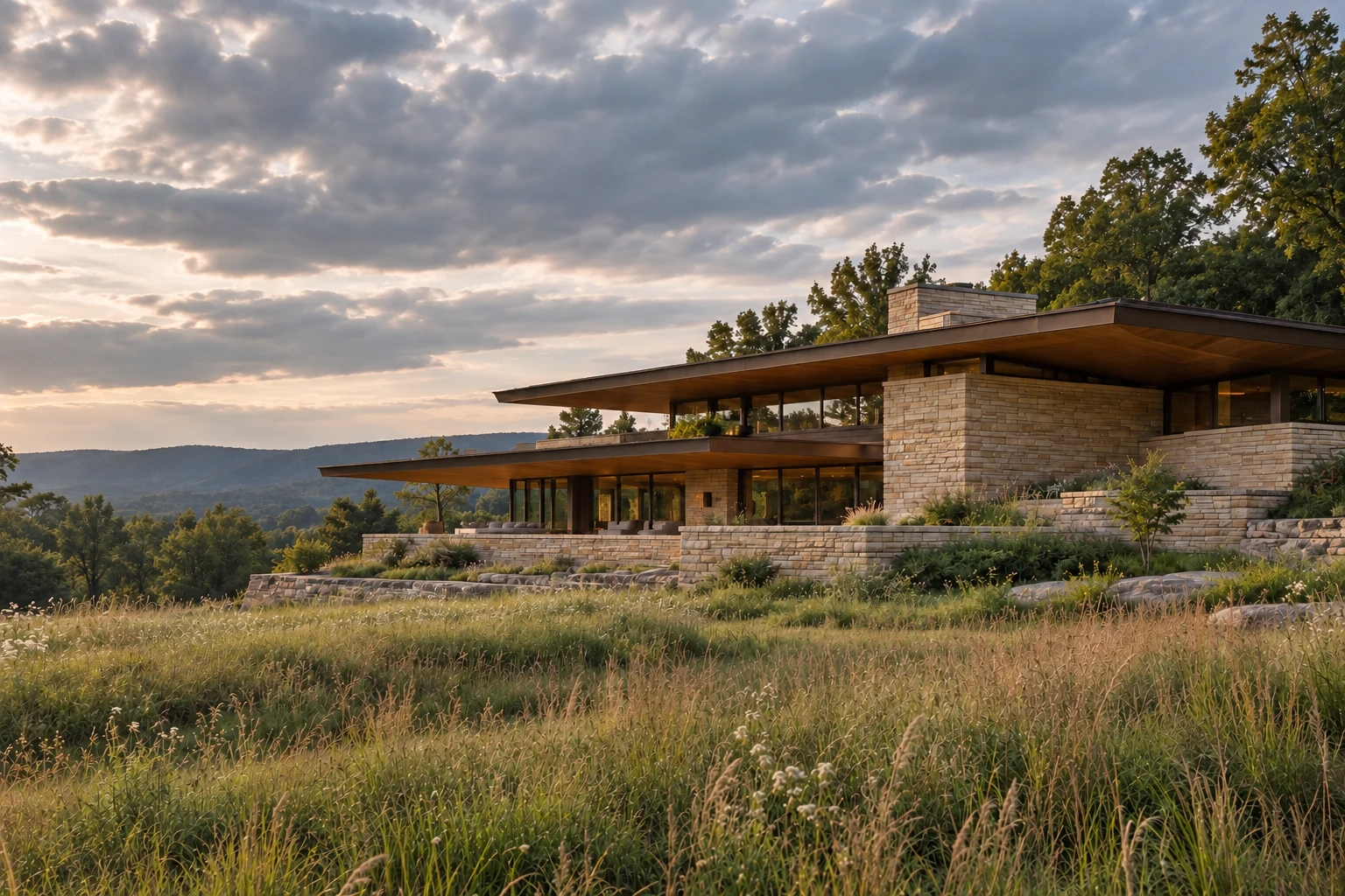 Stone residence stretching into a mountain landscape