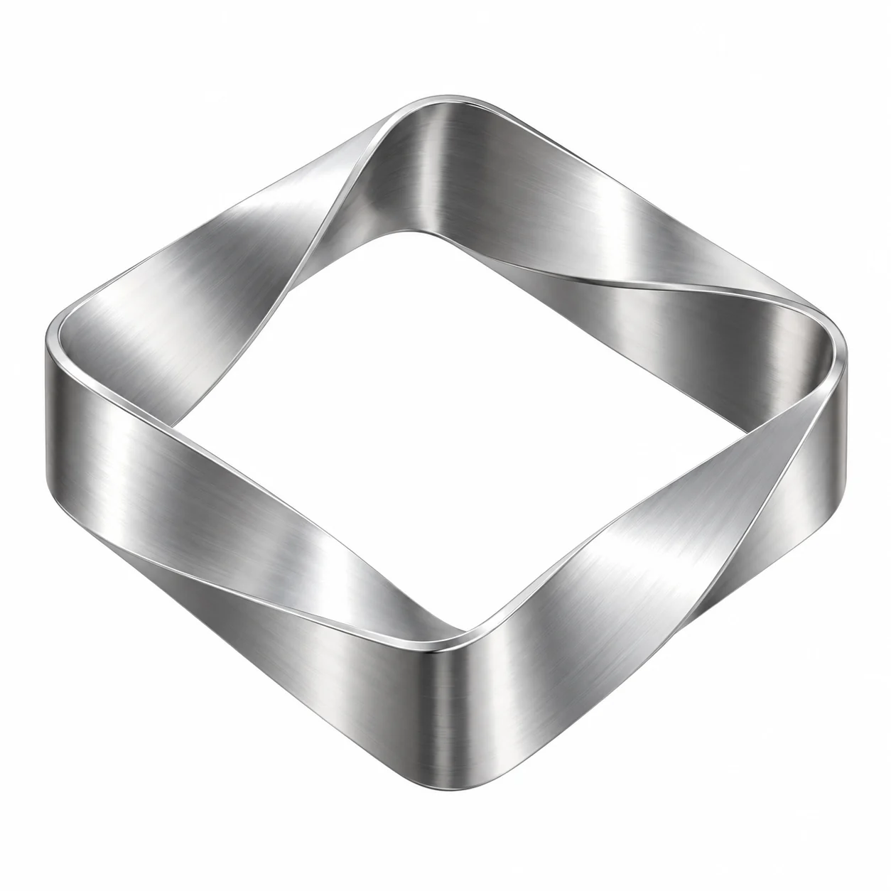 Sculptural polished metal ribbon on a simple white background