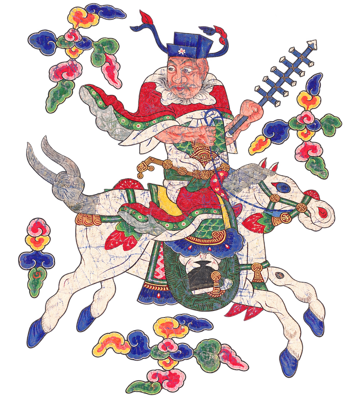 Colorful painted rider on an ox, surrounded by cloud ornaments