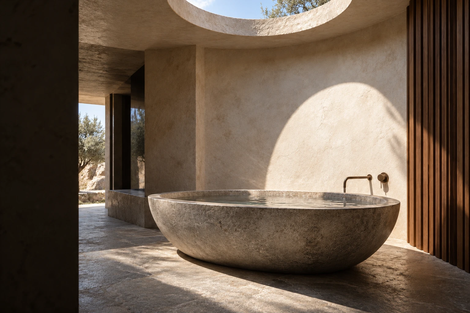 Sculptural stone bathtub beneath a circular skylight