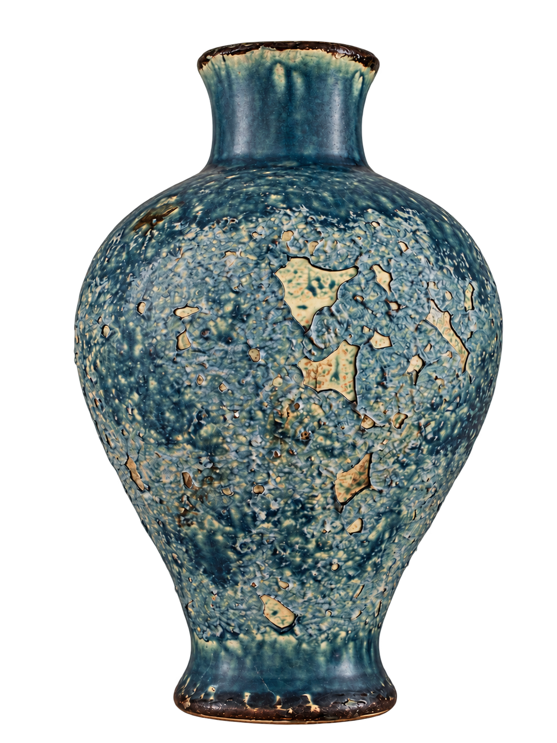 Blue-green ceramic vase with textured glaze and irregular cream markings