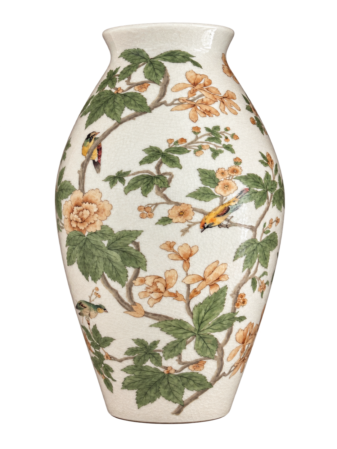 Ivory ceramic vase painted with green leaves, peach flowers and birds